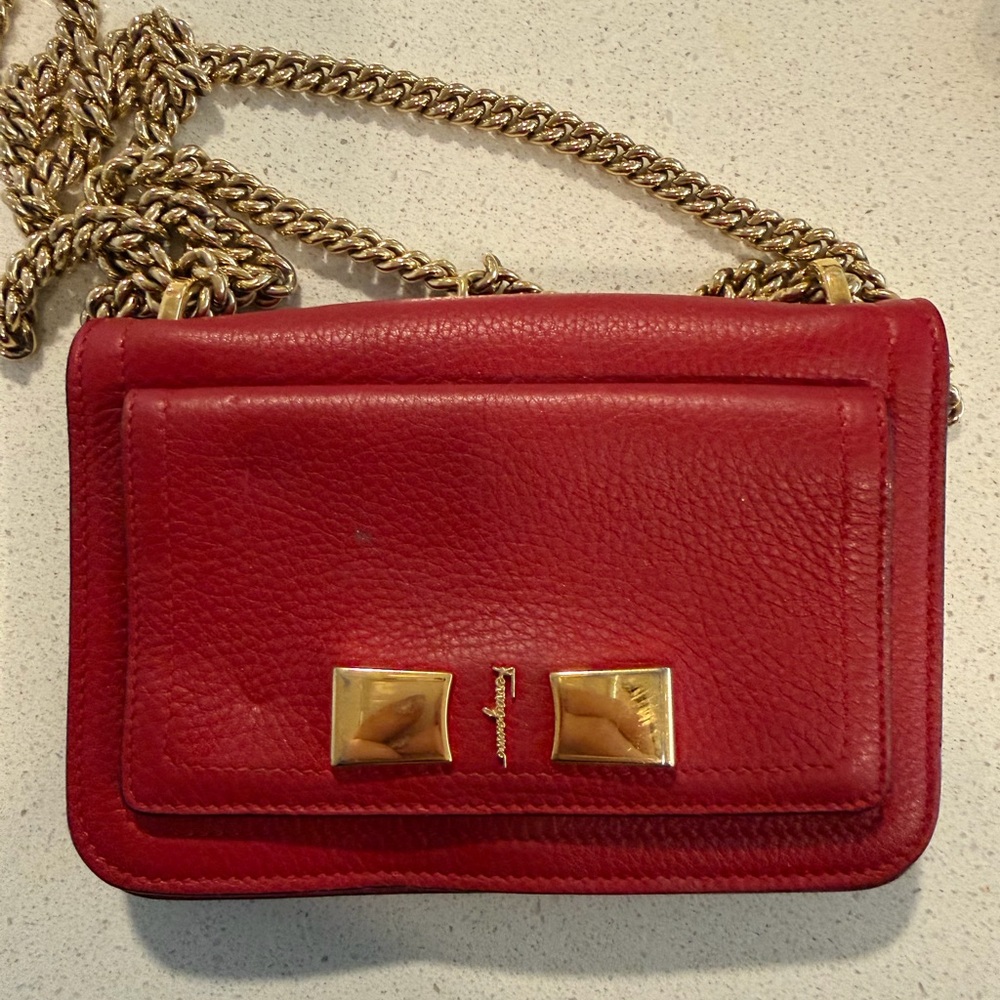 Salvatore Ferragamo Red Leather Chain Shoulder Bag with Gold Hardware